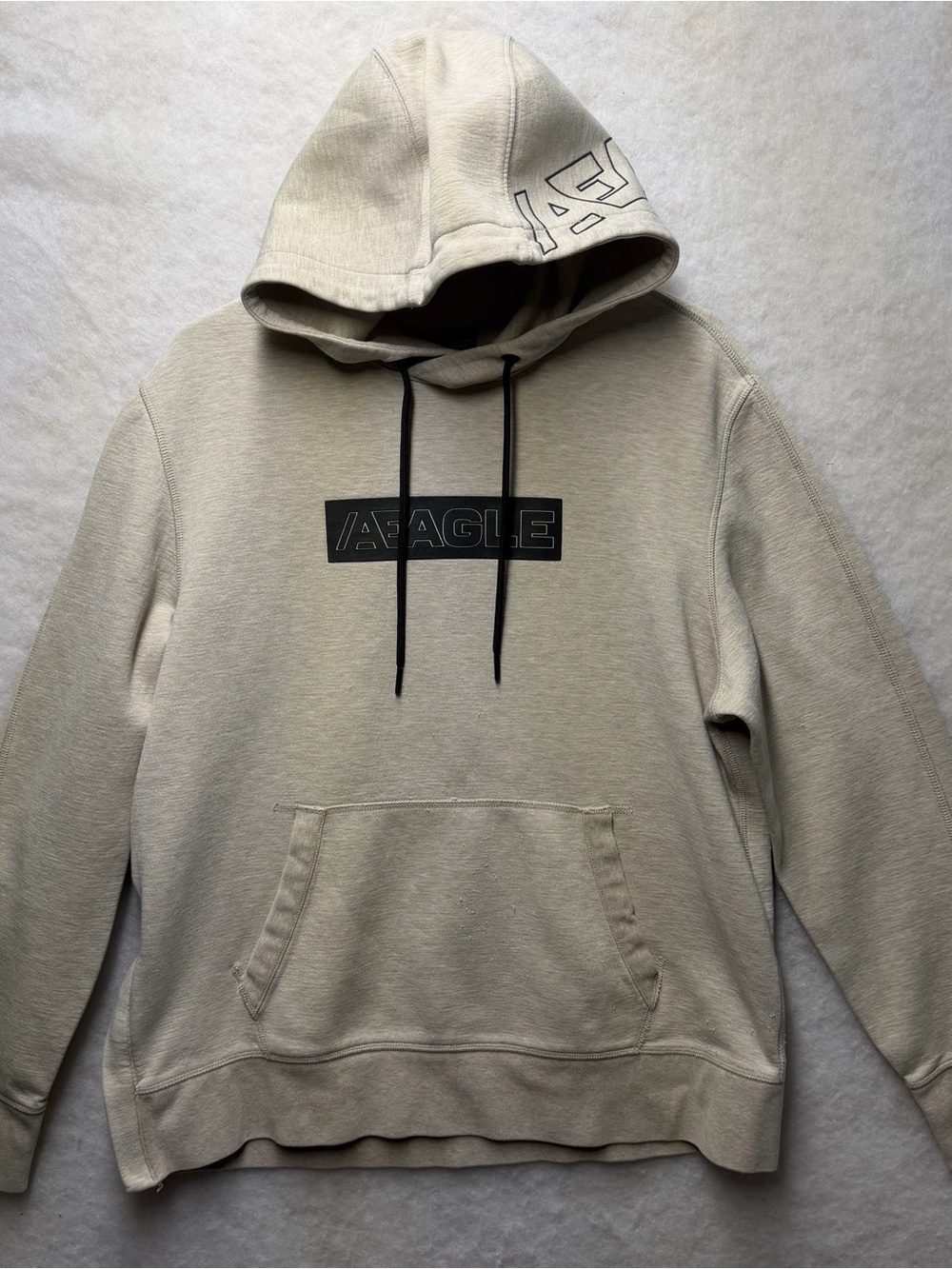 American Eagle Men's Box Logo Hoodie Oatmeal Beige Heather Size Large